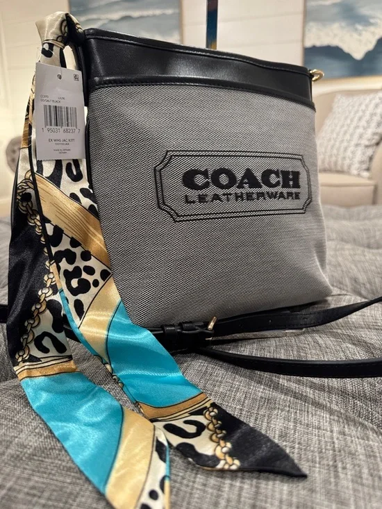 Coach Kitt Messenger Crossbody Salt Black Woven Jacquard Leather Trim Small Bag - Picture 3 of 17